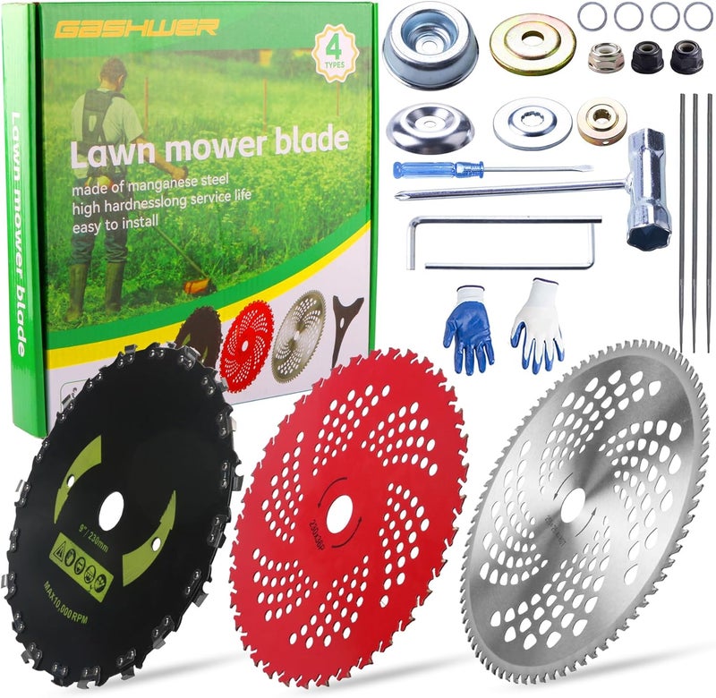 Azushwer 9" x 36 Teeth Carbide Tipped Blades & 9" x20T Carbon Steel Round Chainsaw Tooth Blades & 10" x 80T Brush Cutter Trimmer Blades with Adapter Kit - Image 1